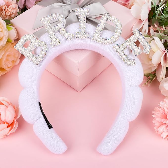Bride Headband Bridal Headband White Pearl Headbands for Women Bridal Shower Decorations Bachelorette Party Favors Spa Headbands for Washing Face