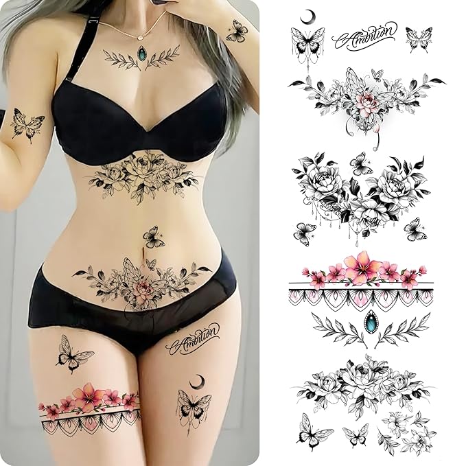ROARHOWL Women Sexy Temporary Tattoo Sexy Tattoo Set Beautiful Exquisite 3D Realistic Flowers, Butterfly, Abdominate, Chest, Waist and Back Applied Fake Tattoo for Girls ((Design 3))