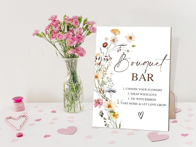 Flower Bouquet Bar Sign, Wedding Decorations for Reception, Bridal Shower Party Decor, Table Centerpieces for Party, Wedding Guest Gifts, 6X8 Inch Wooden Bridal Shower Signs with Stand, 5