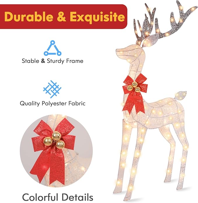 3-Piece Reindeer Outdoor Christmas Decorations, 5FT Large Pre-lit Christmas Deer Family Set, 3D Outside Holiday Yard Decoration with 260 Bright LED Lights, Stakes, Zip Ties - White