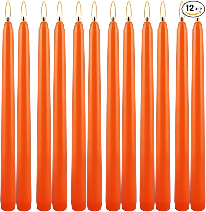 12-Pack Orange Taper Candles - 10 Inch Unscented Dripless Candlesticks, Long Burning for Halloween, Thanksgiving, Fall Decor & Dinner Parties
