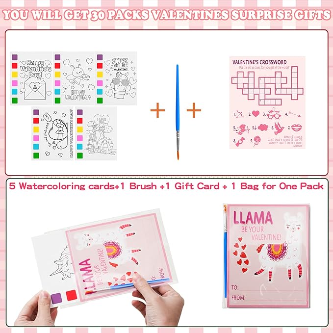 Rotu Valentines Day Gifts for Kids 30 Pack(240 PCS) Valentines Day Cards for Kids School Watercolor Coloring Books with Holiday Cards, Classroom Valentine Exchange Gifts Prizes Party Favors Supplies