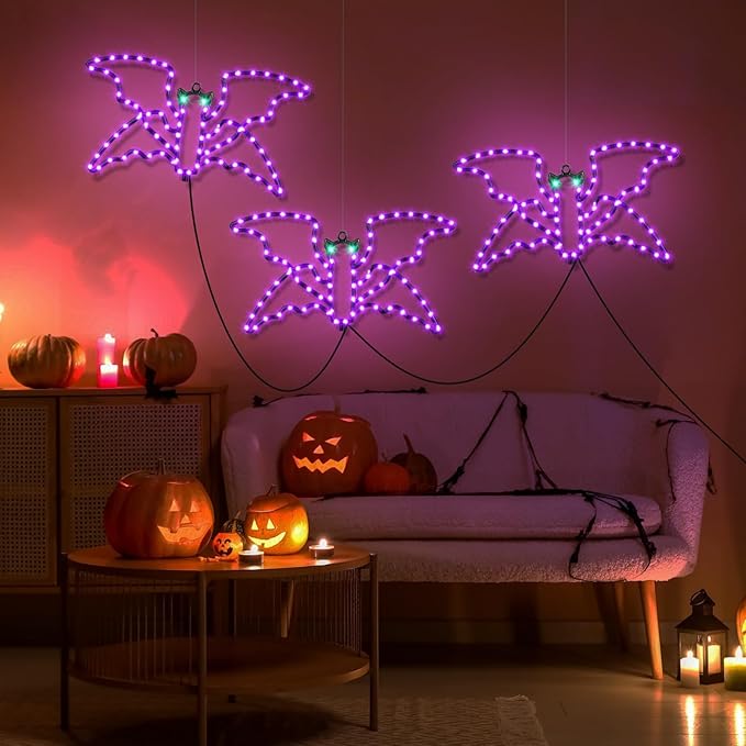 Halloween LED Bat Lights 3 Pack, Hanging or Stakeable Indoor & Outdoor Halloween Decor, 4 Light Modes, Timer Function, Perfect Yard & Party Decorations