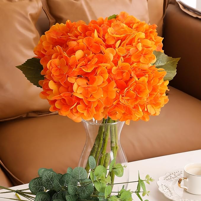 Tifuly Fake Hydrangea Artificial Flowers with Vase 4pcs Real Touch Faux Hydrangea and 3pcs Eucalyptus Stems for Wedding Centerpiece Home Party Table Decoration（Orange）