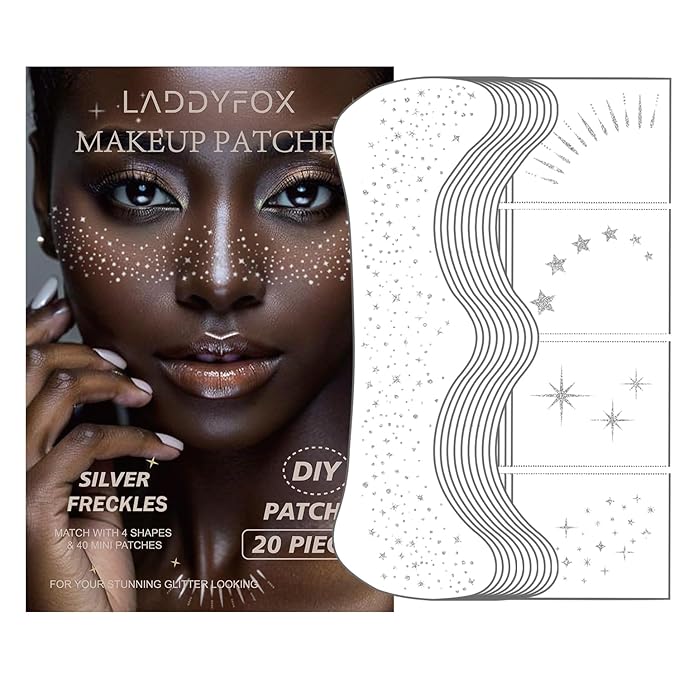 20 Pcs Silver Face Makeup Patches, Silver Glitter Freckles Face Tattoo, Easy Application Sparkle Makeup Freckles, Waterproof Glitter Temporary Tattoos for Women