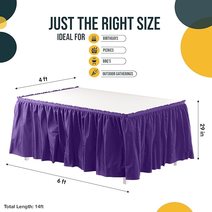 Exquisite Ruffle Table Skirt Purple 6 Pack 14 Ft Long for Rectangle 6ft Plus or Round Tables With Adhesive Strip for Gender Reveal Decor & Happy Birthday Parties