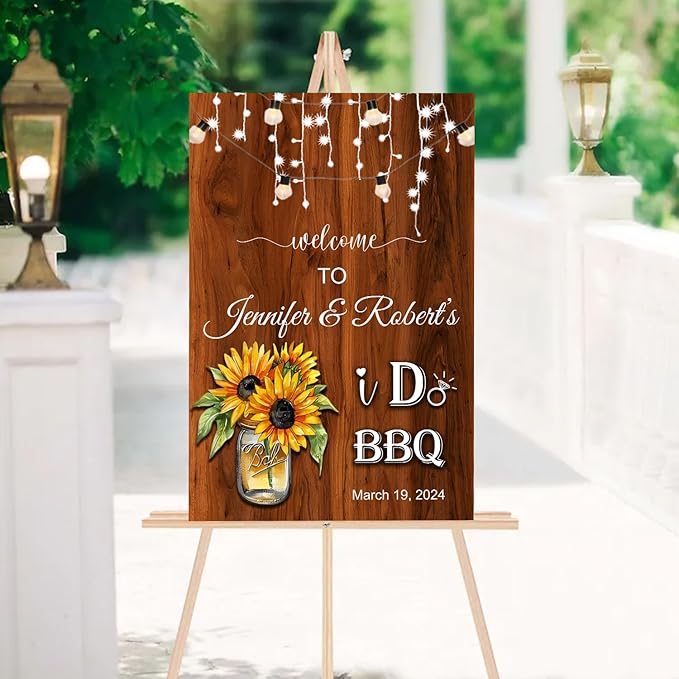 I Do BBQ Couples Shower Welcome Sign - Sunflowers Faux Wood Decoration for Barbeque