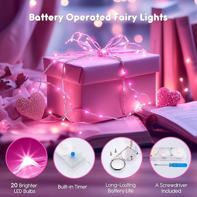Minetom 12 Pack Pink Fairy Lights Battery Operated String Light with Timer - 7ft 20 LED Waterproof Silver Wire Firefly Light for DIY Crafts Wedding Table Centerpieces, Pink
