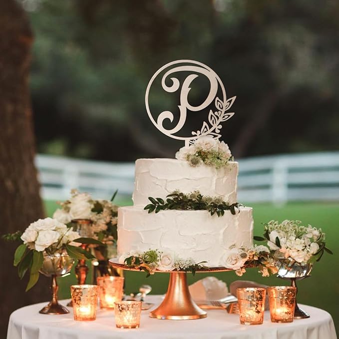 LINGTEER Personalized Inital Letter P Wooden Cake Topper Perfect for Birthday Rustic Wedding Anniversary Party Keepsake Decoration