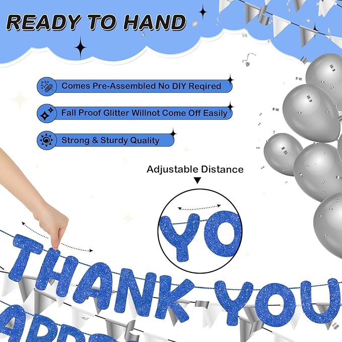 Fulmoon Pre Strung Thank You We Appreciate You Glitter Banner Funny Appreciation Banner for Employee Coworker Staff Teacher Thank Sign Party Decorations(Navy Blue)