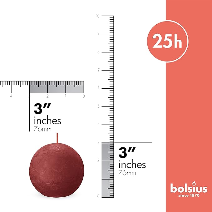 BOLSIUS 3 Pack Delicate Red Rustic Ball Pillar Candles - 3 Inch - Premium European Quality - Includes Natural Plant-Based Wax - Unscented Dripless Smokeless 25 Hour Party Décor and Wedding Candles
