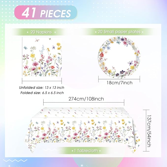 41Pcs Wildflower Party Decorations Spring Floral Birthday Tableware Wildflower Floral Paper Plates Napkins Tablecloth丨Spring Summer Picnic Birthday Wedding Mothers Day Tea Party Decorations,Serve 20