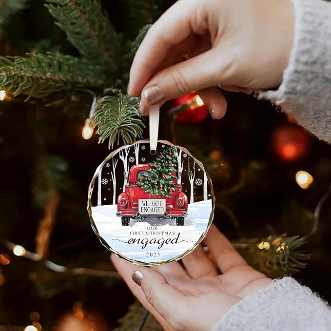 Engagement Gifts for Couples 2025, Our First Christmas Engaged Ornament Crystal Glass Keepsake, Wedding Gifts for Couples Christmas Decorations