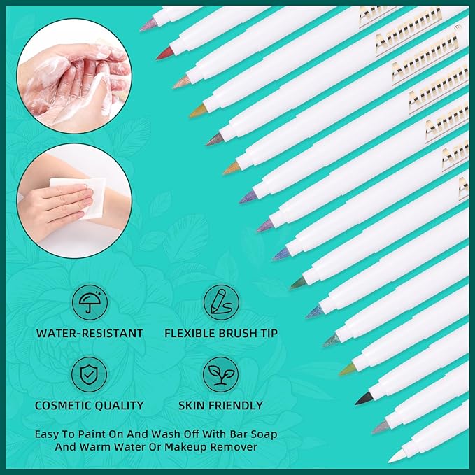 Temporary Tattoo Metallic Markers for Skin,16-Count Body Markers+77 Large Tattoo Stencils of Assorted Colors for kids and Adults,Flexible Brush Tip, Bright colors, Skin-Safe*,Cosmetic-Grade.