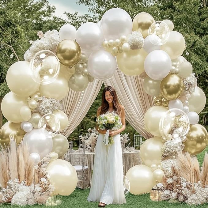 White Gold Balloon Arch Double Stuffed Pearl White Sand Cream Gold Balloon Garland Kit Pearl Ivory Beige Balloons for Wedding Baptism Bridal Shower Birthday Baby Shower Bachelorette Party Decor