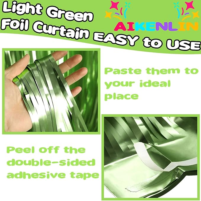 4 Pack 3.2Ft x 9.8Ft Light Green Foil Fringe Curtain Backdrop, Metallic Tinsel Foil Fringe Streamers Curtains for Party, Photo Booth Props, Birthday, Wedding, St Patrick Day Party Decoration