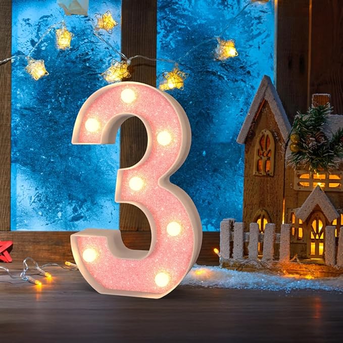 Marquee Numbers Light up Numbers, 0-9 Number Battery Powered LED Light, Pink Glitter Plastic Numbers for 3rd Birthday Decorations, Number Decor for Graduation Engagement Wedding Birthday (Number 3)