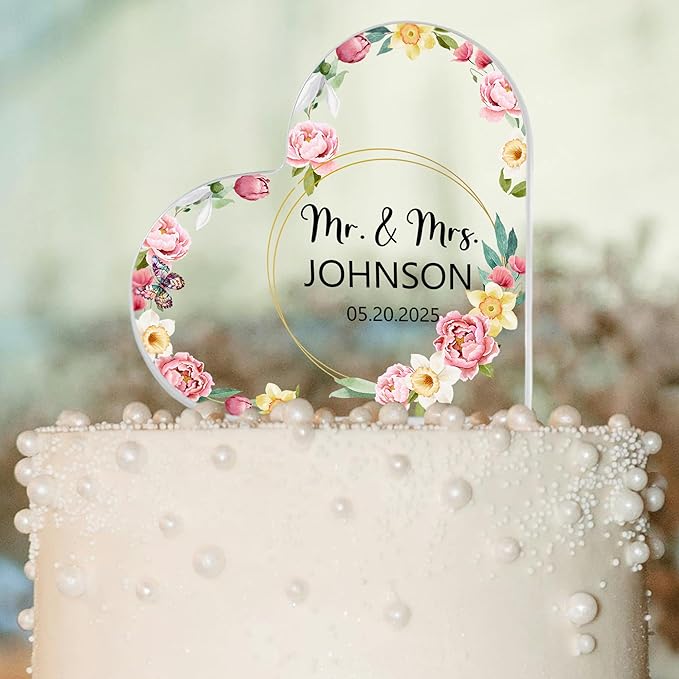 Custom Wedding Heart Acrylic Plaque,Mr & Mrs Cake Topper,Personalized Wedding Keepsake/Gift/Sign (Style 20)