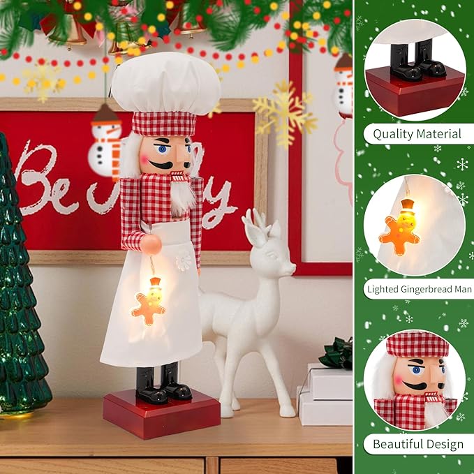 16" Lighted Chef Nutcracker with Music, Festive Christmas Decoration, Nutcracker Collectible Christmas Decor for Tabletop, Shelves, and Fireplace Mantel (Chef)