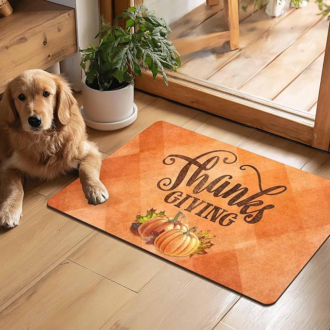 Fall Welcome Maple Leafs Decorative Door Mat, Autumn Thanksgiving Doormat for Indoor Outdoor Entrance Floor Mats,Fall Pumpkins Non Slip Harvest Vintage Decor Rubber Welcome Mats 30" x 18" Inch