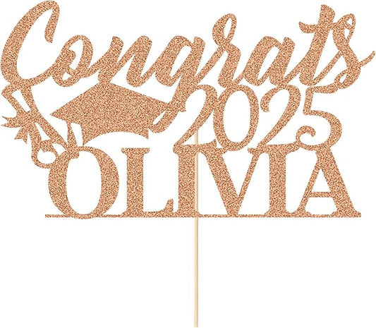 Personalized Cake Topper Custom Congrats Graduation Hat Student Class of 2025 Double Sided Glitter Card with Any Name (Rose Gold)