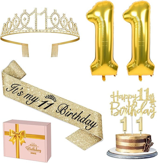 11th Birthday Decorations for Girls Gold with 11th Birthday Sash and Tiara, Candles and Cake Topper, Number Balloons, 11 Year Old Gifts for Girls