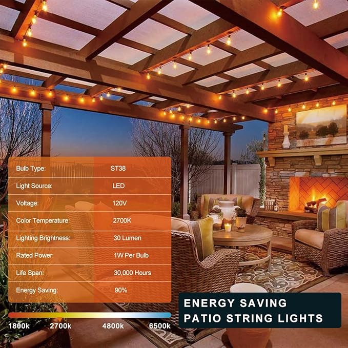 Kawaya 50FT Outdoor String Lights - Outside LED Patio Light with 25+2 Shatterproof Vintage Edison Bulbs - 2700K Dimmable IP65 Waterproof Hanging Lighting for Yard Porch Deck Balcony Bistro Cafe Party