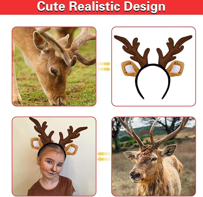SIOTMERA Deer Antlers Headband, Realistic Reindeer Antlers Headbands Adults,Deer Ears Fashion Head Wear for Washing Makeup Halloween Christmas Party