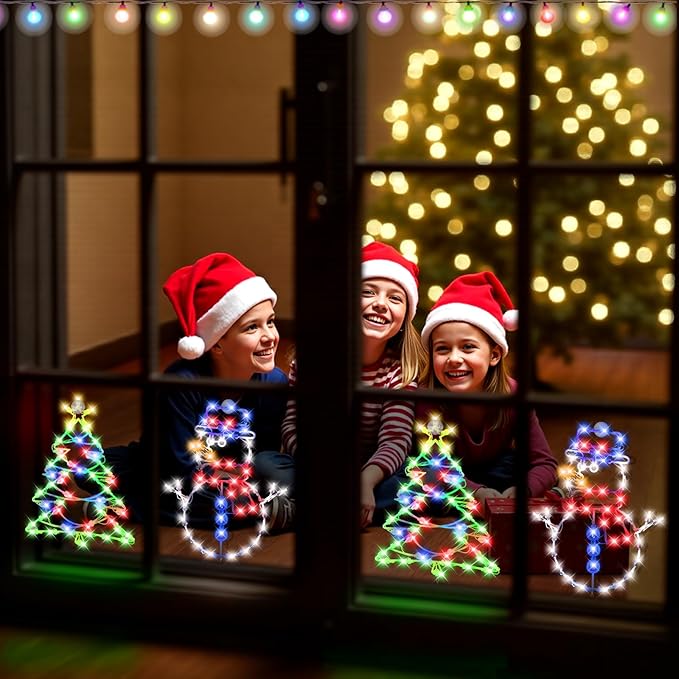 Christmas Window Silhouette LED Lights Decorations, Pack of 2 Sign Lighted Snow Man and Christmas Tree for Holiday Indoor Wall Door Glass Decor