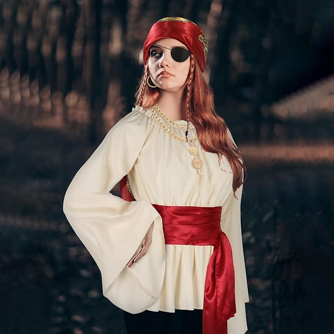 CICOCI Men Pirate Costume Accessories Set for Women: Pirate Hat, Head Scarf, Sash, Belt, Dress Accessories - Gold