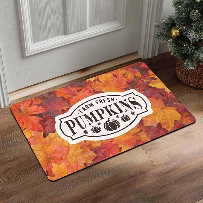 Fall Welcome Maple Leafs Decorative Door Mat, Autumn Thanksgiving Doormat for Indoor Outdoor Entrance Floor Mats,Fall Pumpkins Non Slip Harvest Vintage Decor Rubber Welcome Mats 30" x 18" Inch
