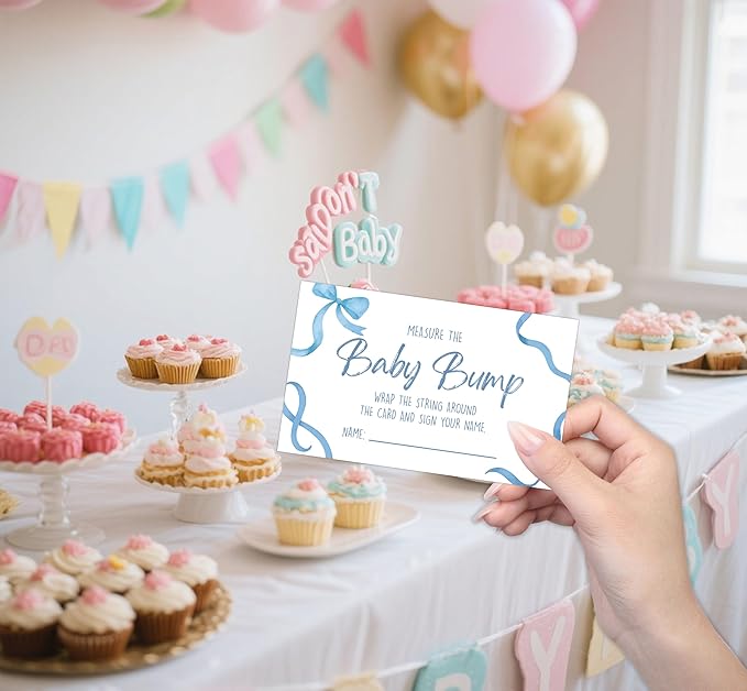 Baby Shower Games - Blue Bow Measure The Baby Bump Game, 1 Arch Acrylic Sign and 50 Guessing Cards, Gender Reveal Game, Blue Baby Shower Decoration Supplies (DP02)