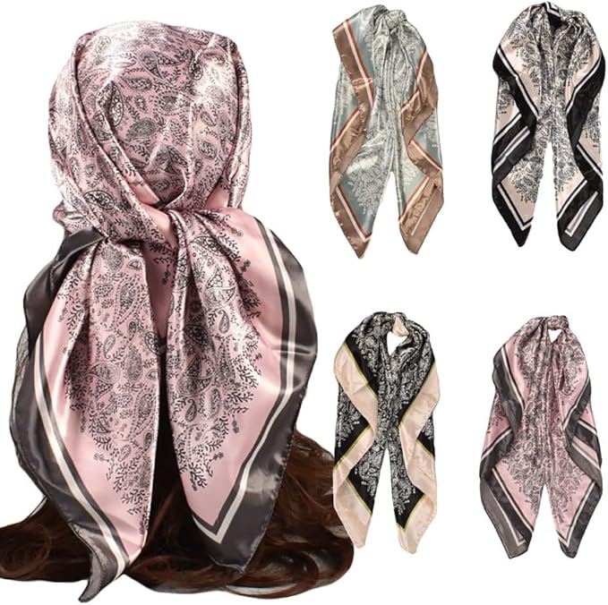4Pcs Silk Head Scarves for Women Satin Hair Scarf 35”Large Square Bandana Silk Like Neck Scarf Shawl