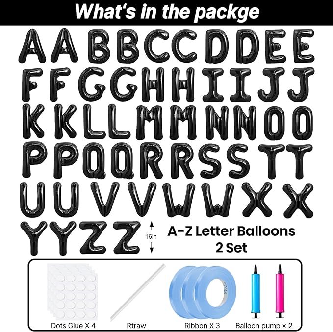 LIOZEOKUN Letter Balloons 16 Inch Alphabet A-Z Mylar Foil Balloons 2 Set for Wedding Birthday Party Decoration Banner Custom Phrase 52 Pcs