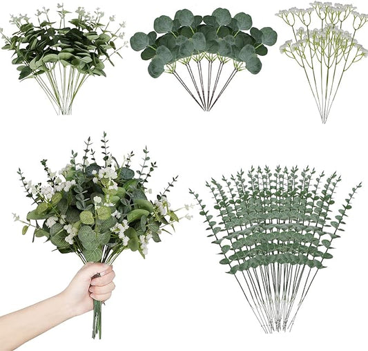 Artificial Eucalyptus Leaves Stems 120 Pcs 4 Kinds Mixed Fake Silver Dollar Eucalyptus Leaves Stem with Babysbreath Bulk Faux Leaf for DIY Bouquets Floral Arrangement Wedding Home Decor