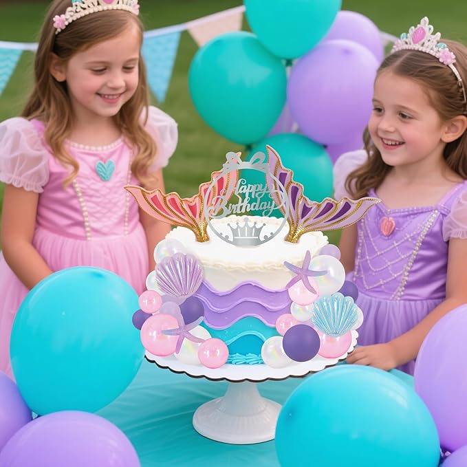 BEISHIDA 27pcs Mermaid Theme Birthday Cake Decorations 3D Tails, Silver Happy Birthday Cake Topper, Seashells & Starfish for Under The Sea Decorations Ocean Mermaid Party for Girls