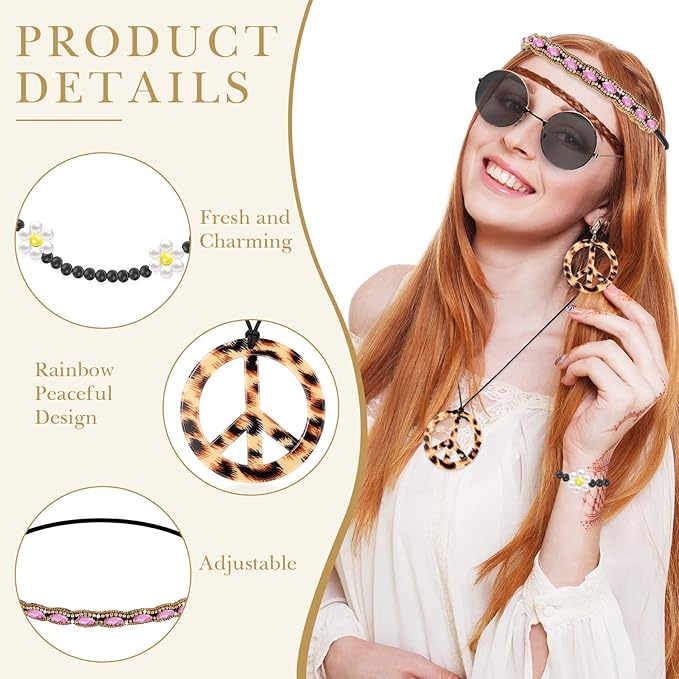 Batiyeer 6 Pcs Hippie Costume Accessories Set, Boho Peace Sign Daisy Flower 60s 70s Party Favors Decor for Groovy Party Women(Leopard)