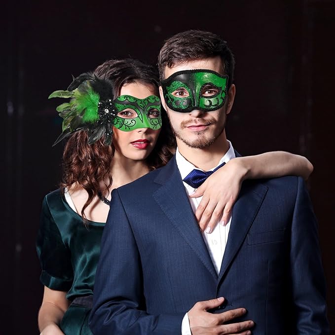 2025 New Masquerade Mask with Feather for Couples - Women's Masquerade Mask with Feather & Men Venetian Costume Mask