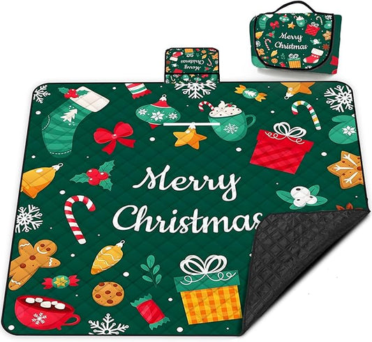 Poedist Extra Large Christmas Picnic Blanket Waterproof,80"x 80"Foldable Machine Washable Beach Blanket,Outdoor Blanket for 6-8 Adults,Suitable for Crawling,Park Beach,Camping,Hiking,Family