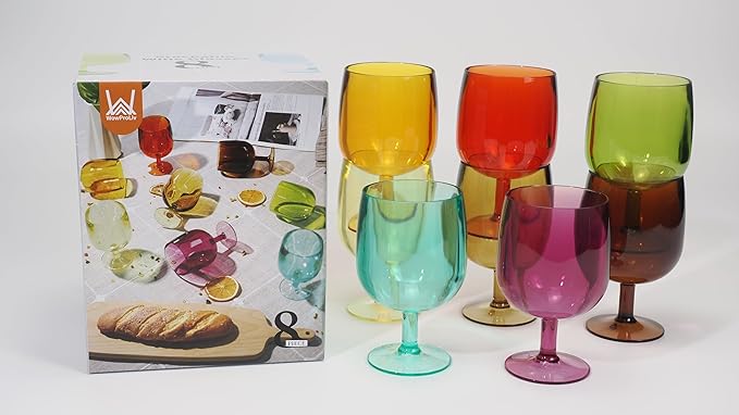 8-Piece Colorful Plastic Stackable Drinking Cup Set - 8.5 oz Wine Goblets, Reusable, BPA-Free, Dishwasher Safe