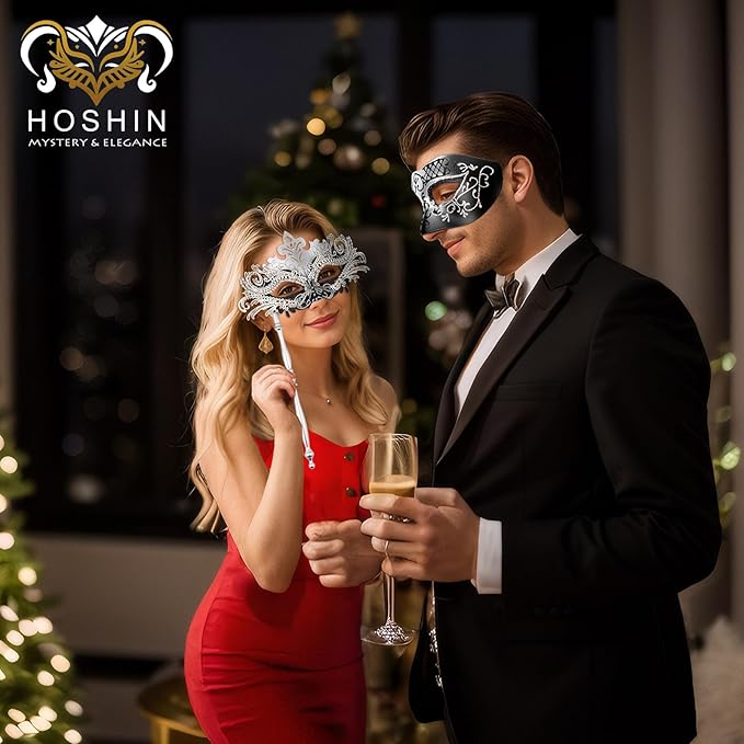 Hoshin Masquerade Mask for Couple, Mardi Gras Deecorations Venetian Masks with Stick for Womens
