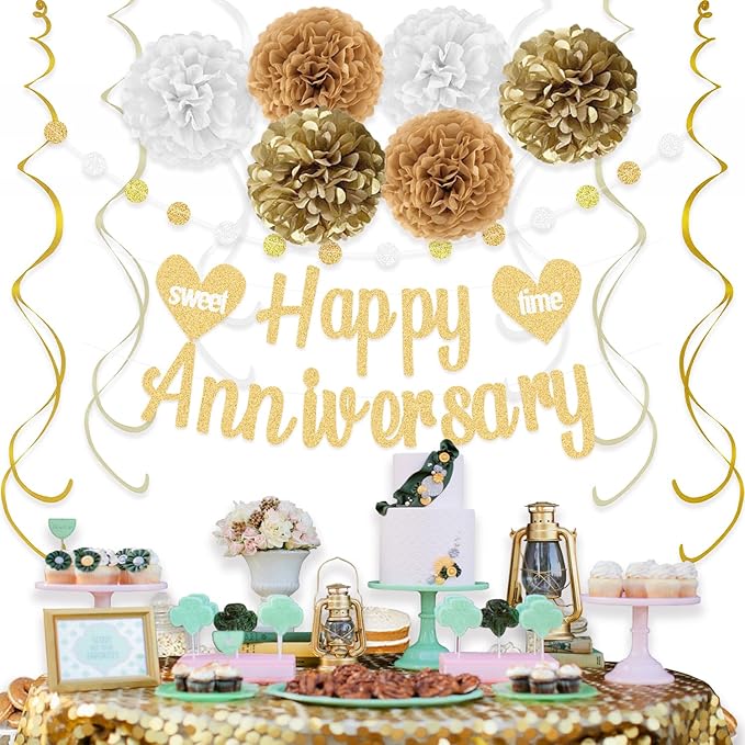 KOKAR Happy Anniversary Decorations – Gold Happy Anniversary Banner, Paper Pom Poms, Hanging Swirls and Glitter Circle Dots Garland for Wedding Decorations