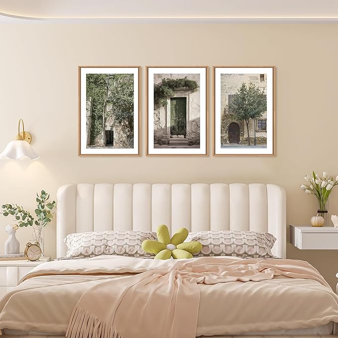 HOURIA Large Vintage Italy City Landscape Framed Canvas Wall Art Set,Green Olive Tree Old House Wall Decor,Malta Modern Minimalist Country Farmhouse Art Print for Living Room,Bedroom,Office-16 x24 x3