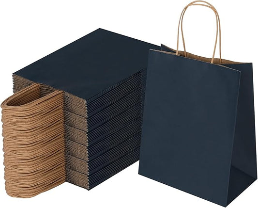 Joybe 100 Pack 8x4.75x10 Inch Medium Navy Blue Kraft Paper Bags with Handles Bulk, Craft Paper Gift Bags for Party Favors Retail Shopping Business Goody Merchandise Take Out Blank Sacks (100pcs)