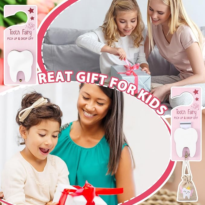 Tooth Fairy Holder Bag Hanger with Money Slot Keepsake Bottle Velvet Pouch Tooth Fairy Box Encourage Gift for Lost Teeth Boy Girl Milk(Classic,Pink Brown)