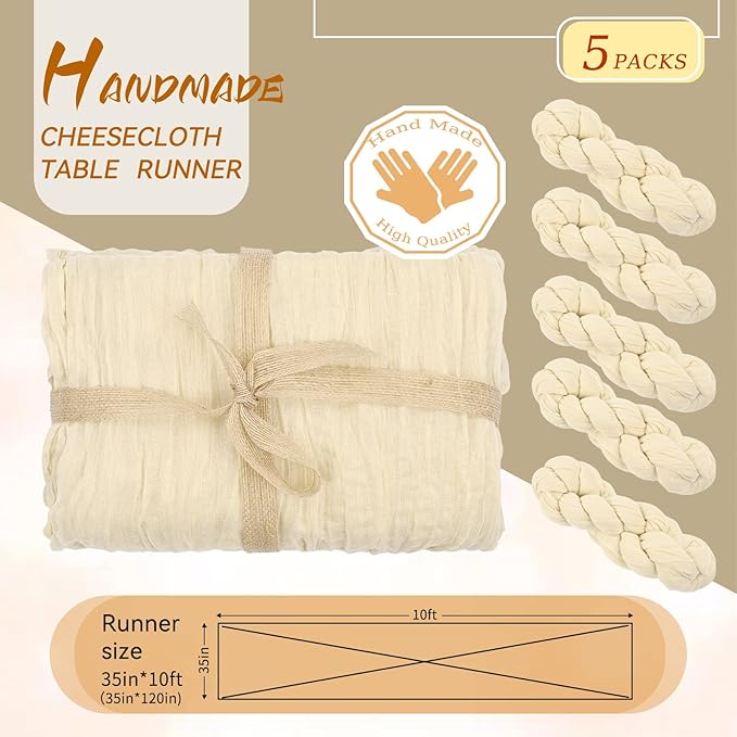 5 Packs 10Ft Ivory Cheesecloth Table Runner, 35" x 120" Rustic Gauze Boho Wedding Table Runner Decorations, Wedding Table Decor Table Cloth for Wedding Party Bridal Shower Table