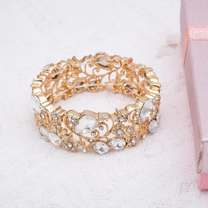 CSY Elegant Crystal Costume Jewelry Sets Flower Bridal Necklace Earrings Stretch Bangle Set for Bride Bridesmaid Wedding Dress Accessories