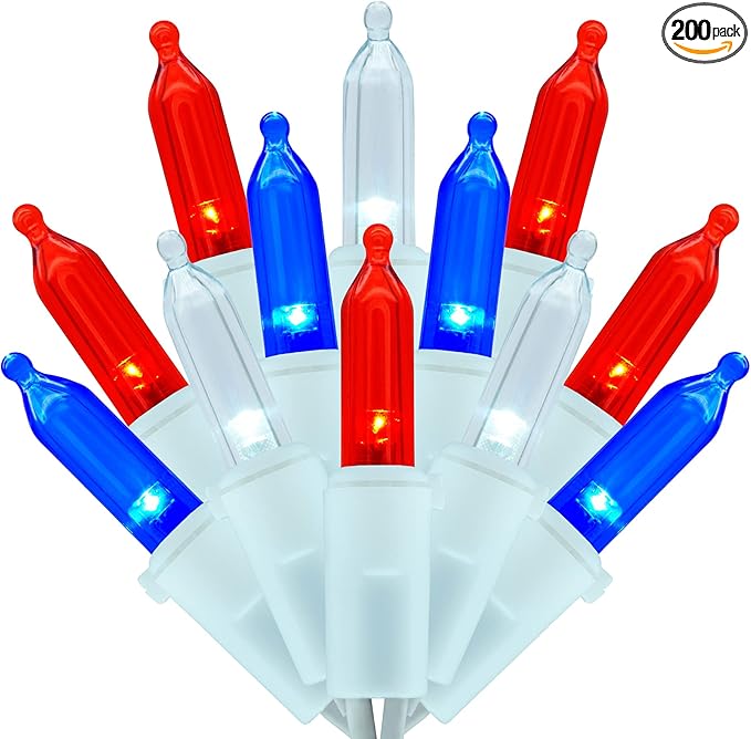 200 Count Red White and Blue LED Christmas Lights, 66 ft White Wire UL Certified Commercial Grade Holiday String Light Set (Red White & Blue)