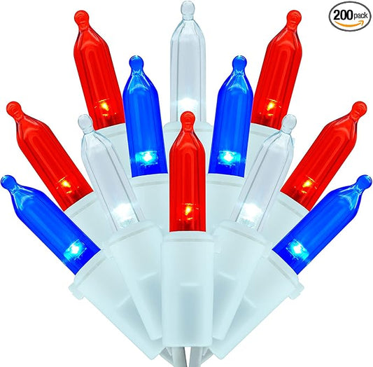 200 Count Red White and Blue LED Christmas Lights, 66 ft White Wire UL Certified Commercial Grade Holiday String Light Set (Red White & Blue)
