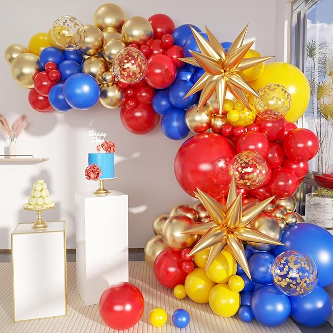 Blue Yellow Red and Gold Balloon Arch Kit, 156Pcs Latex Baloons Garland with 4D Star Balloons for Baby Shower Anniversary Birthday Wedding Graduation Office Party